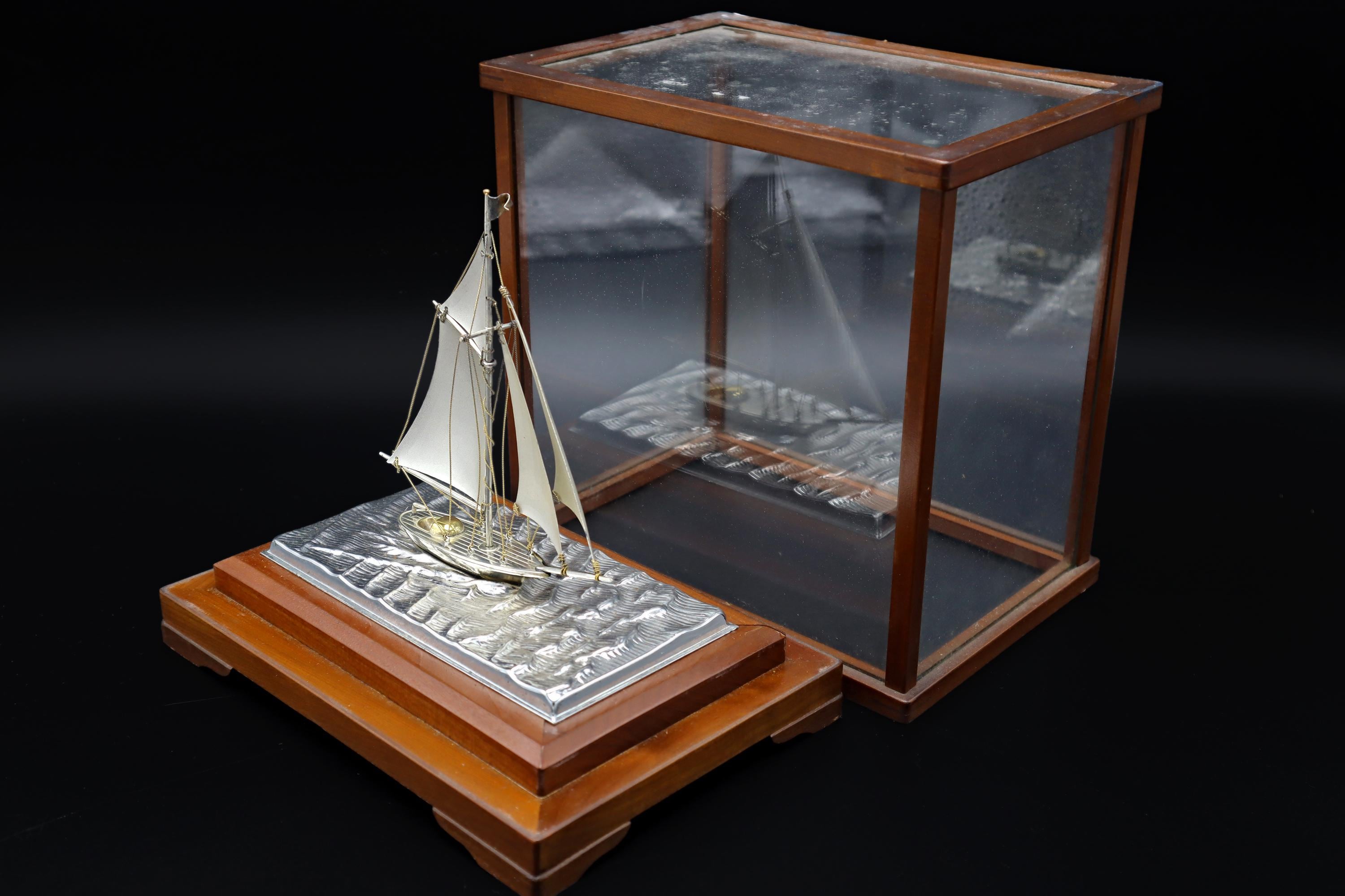 1970s Handmade And Finely Detailed Silver Electroplated Model Of A Sailing Ship, Sports Boat Sculpture By Japanese Silversmith Seki Takehiko