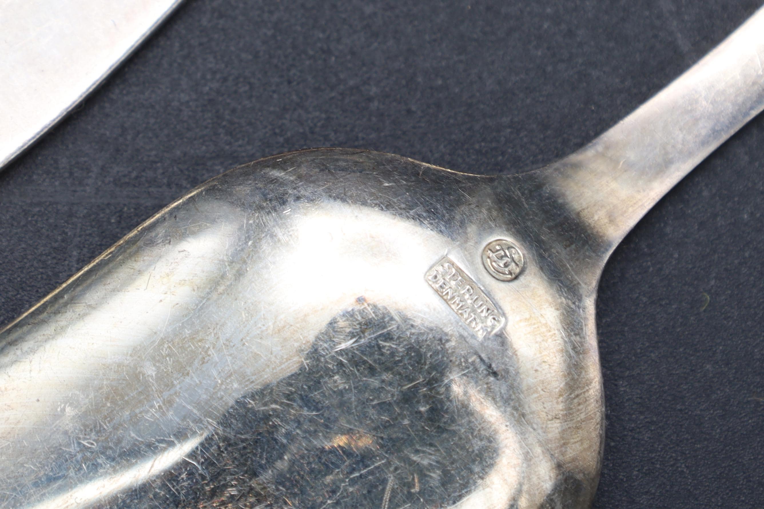Denmark Guilloche And Sterling Silver Sugar Spoons, Group Of 3 Units, Scandinavian, Mid Century Cutlery Flatware Tableware Decor