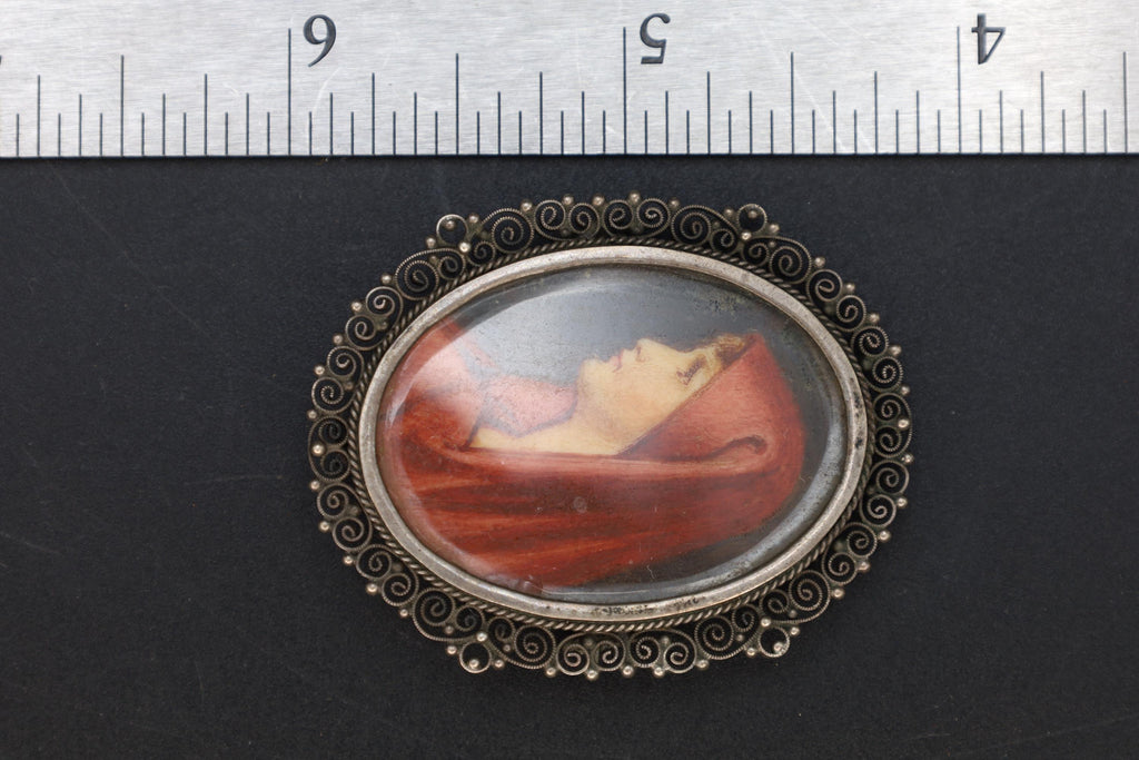 Saint Fabiola Of Rome, Antique 800 Silver Brooch Pin With A Hand Painted Religious Icon Medaillon, Art Deco Miniature Jewelry From Italy