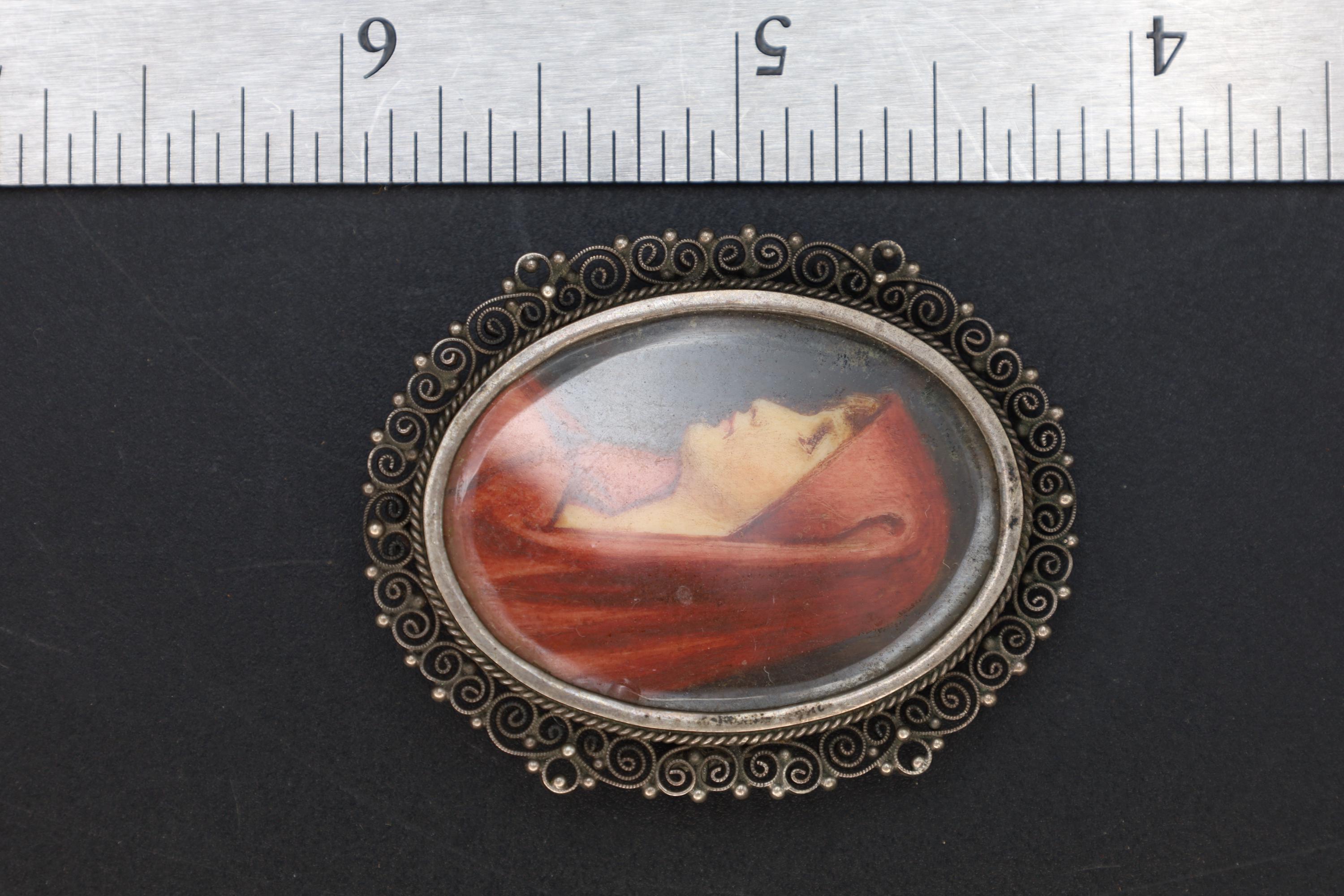 Saint Fabiola Of Rome, Antique 800 Silver Brooch Pin With A Hand Painted Religious Icon Medaillon, Art Deco Miniature Jewelry From Italy