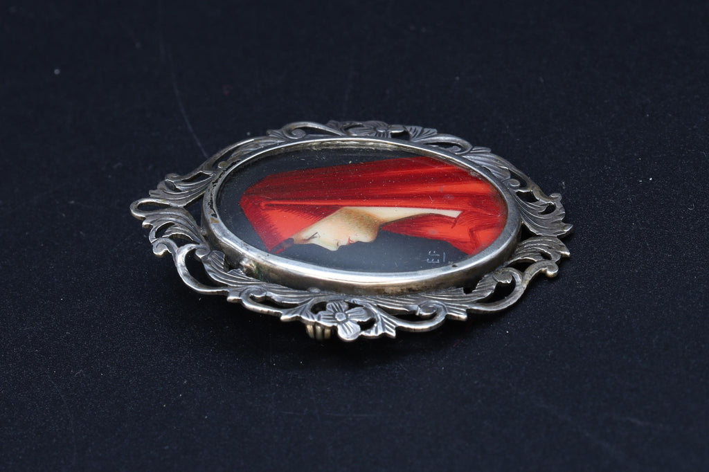 Saint Fabiola Of Rome, Antique 800 Silver Brooch Pin With A Hand Painted Religious Icon Medaillon, Art Deco Miniature Jewelry From Italy