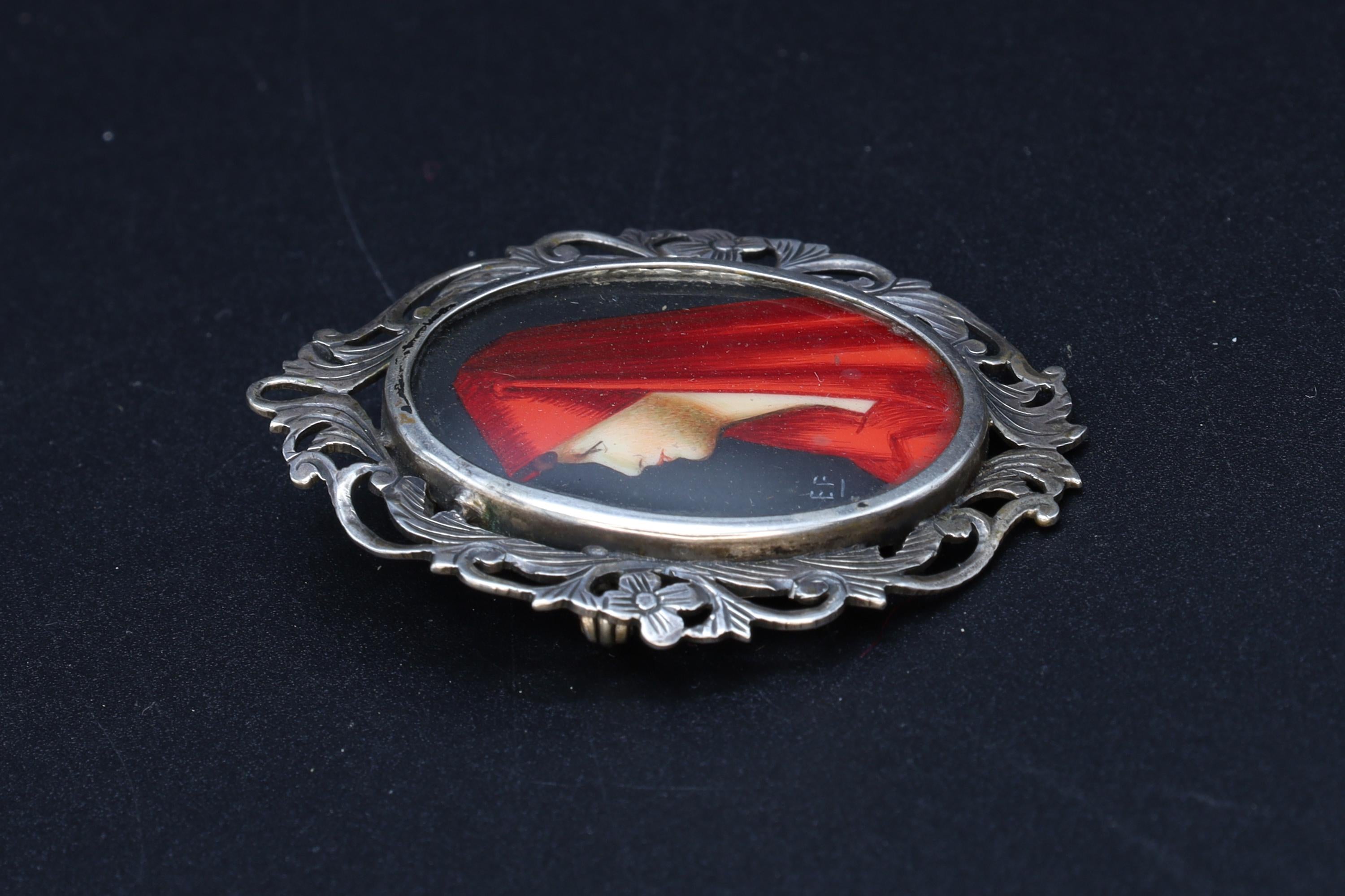 Saint Fabiola Of Rome, Antique 800 Silver Brooch Pin With A Hand Painted Religious Icon Medaillon, Art Deco Miniature Jewelry From Italy