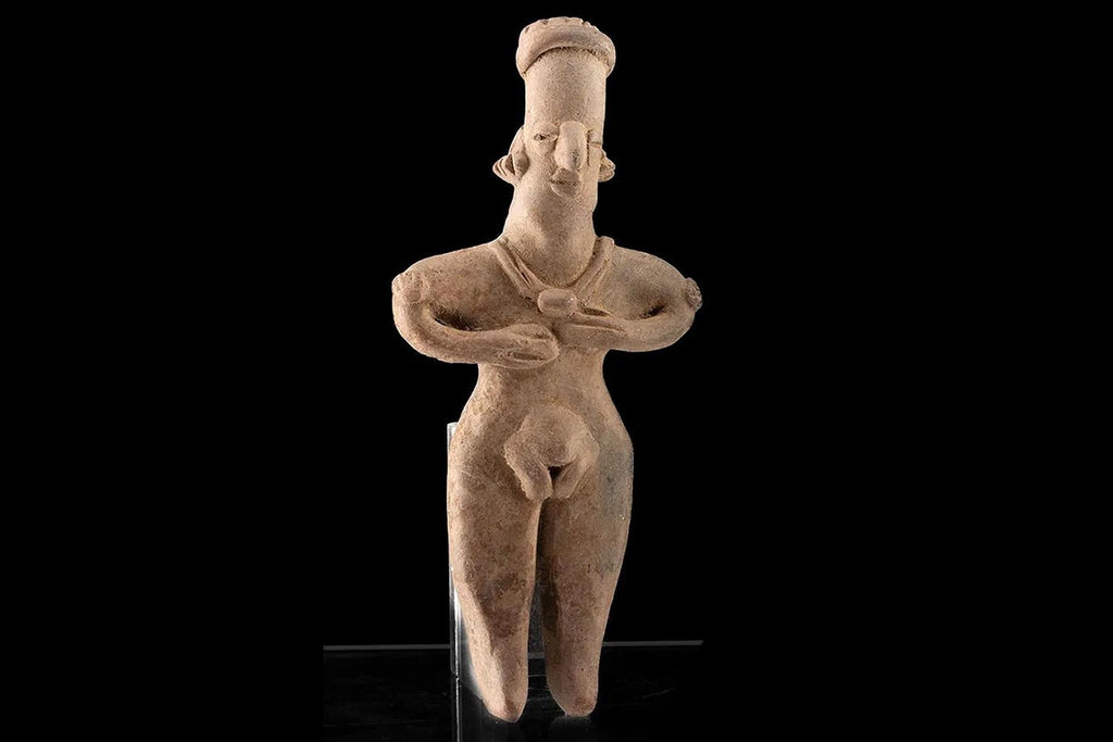 Ancient Pre Columbian Colima Pottery Standing Female Figure, Full Body Idol Dated Between 100 BCE To 250 AD, Western Mexico, Mesoamerica Art