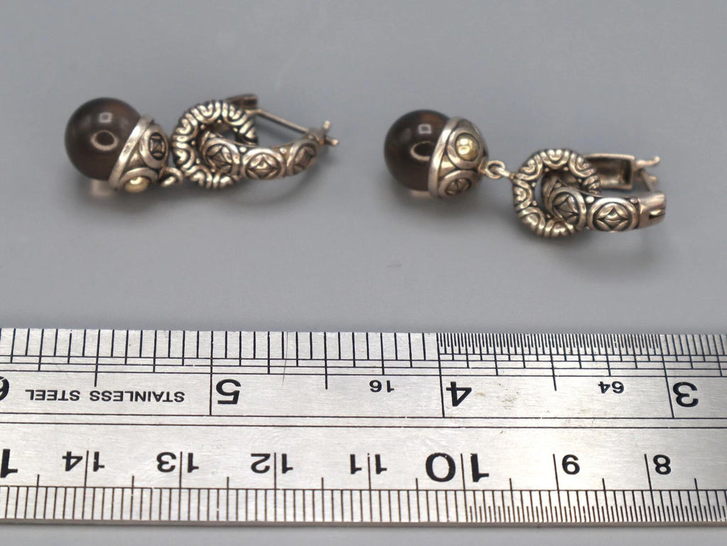 Vintage Jewelry, A 925 Sterling And 14 karats Yellow Gold Earrings, Round Smoky Quartz Ball Accent, Dangle Hook Earrings