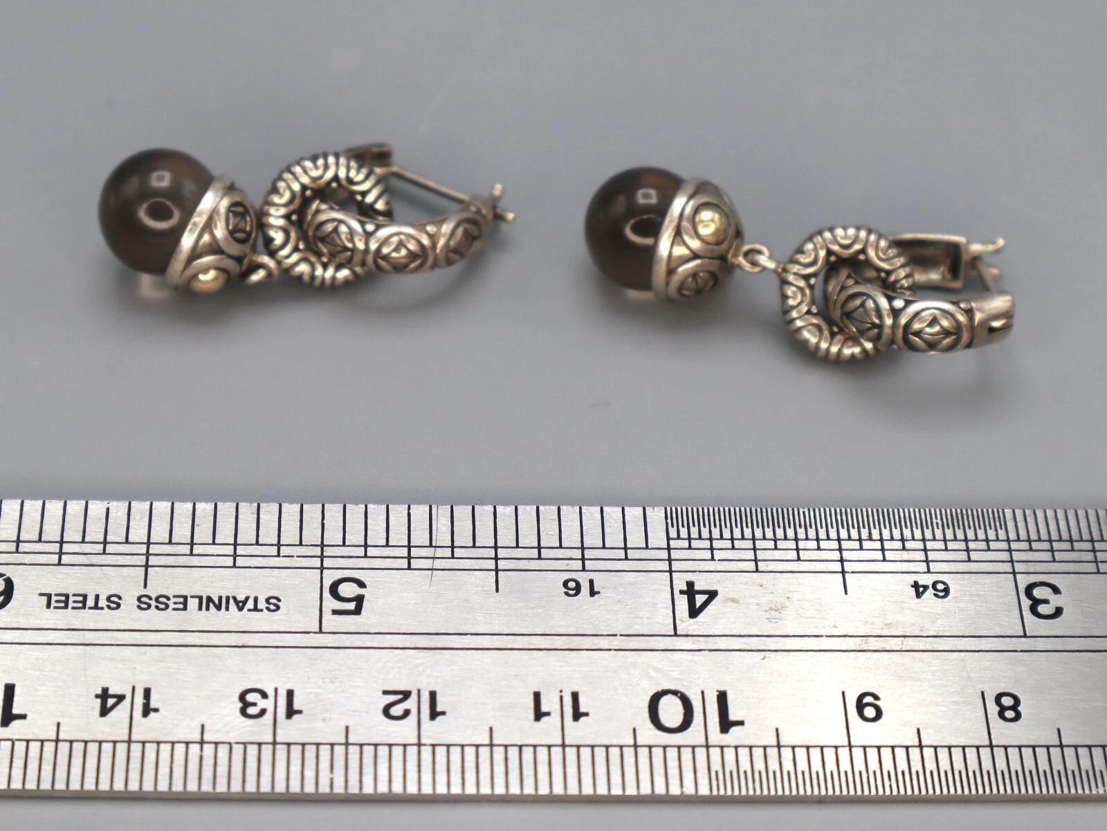 Vintage Jewelry, A 925 Sterling And 14 karats Yellow Gold Earrings, Round Smoky Quartz Ball Accent, Dangle Hook Earrings