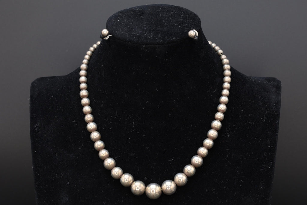 Mid Century Graduated Ball Beads Jewelry Set, Beaded Necklace And Small Stud Earrings, 925 Sterling Silver, Retro Fashion Accessories