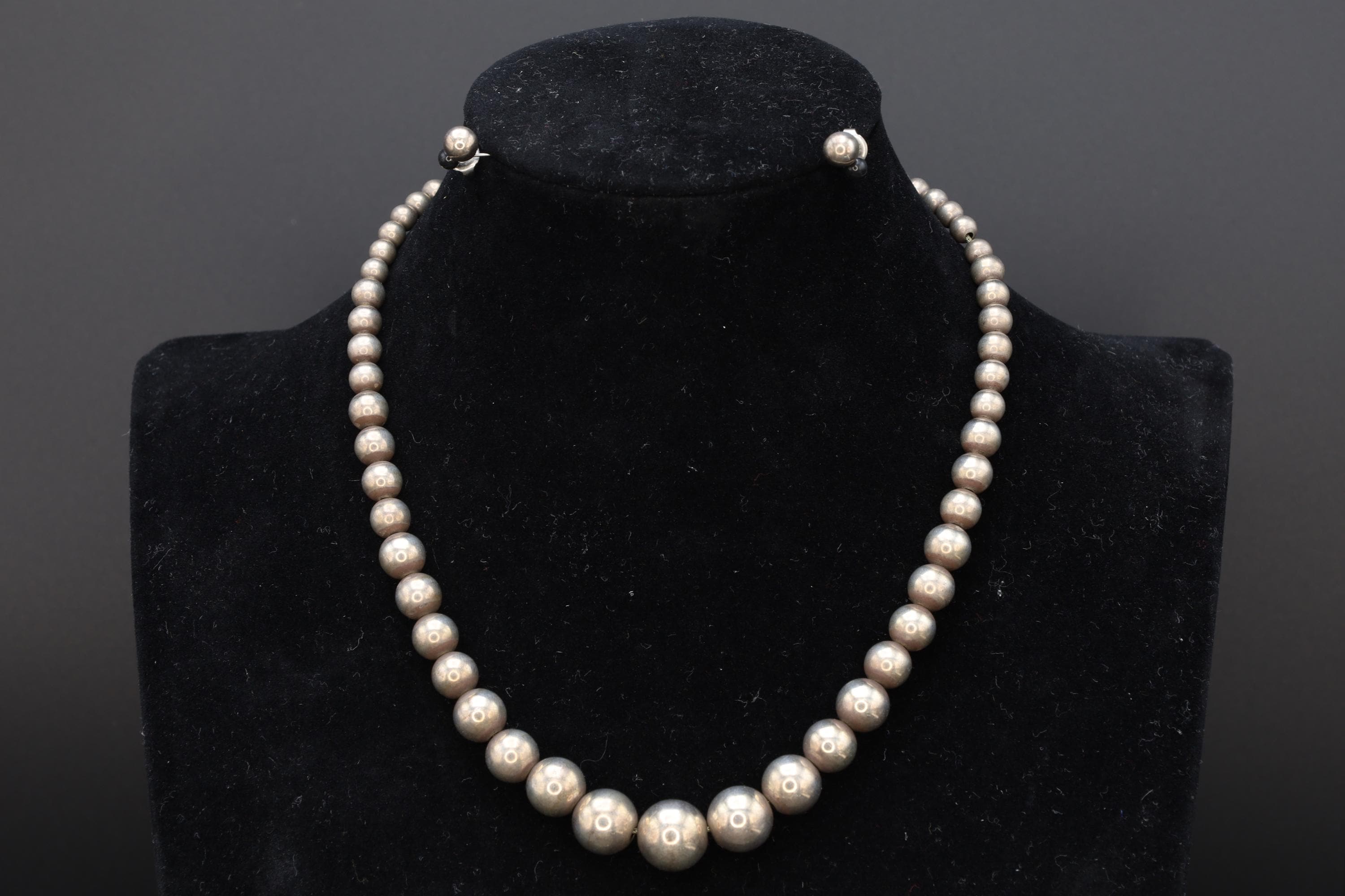 Mid Century Graduated Ball Beads Jewelry Set, Beaded Necklace And Small Stud Earrings, 925 Sterling Silver, Retro Fashion Accessories