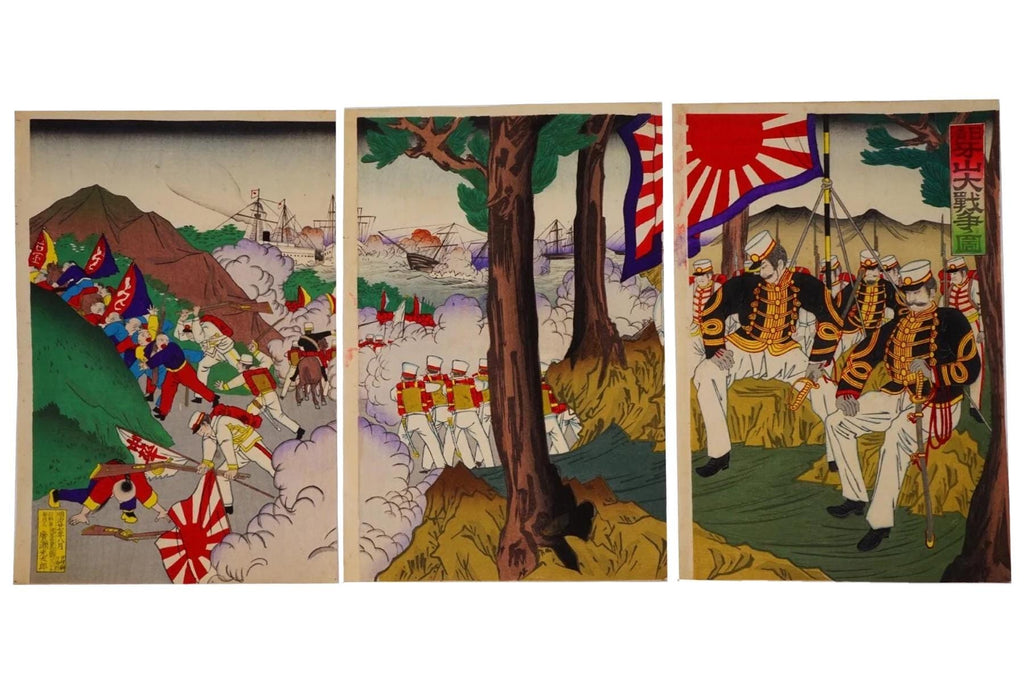 Ukiyoe Art, Original 1894 Japanese Meiji Era Sensoe Military Woodblock Triptych, Asian Oriental Art, The First Sino And Japanese War