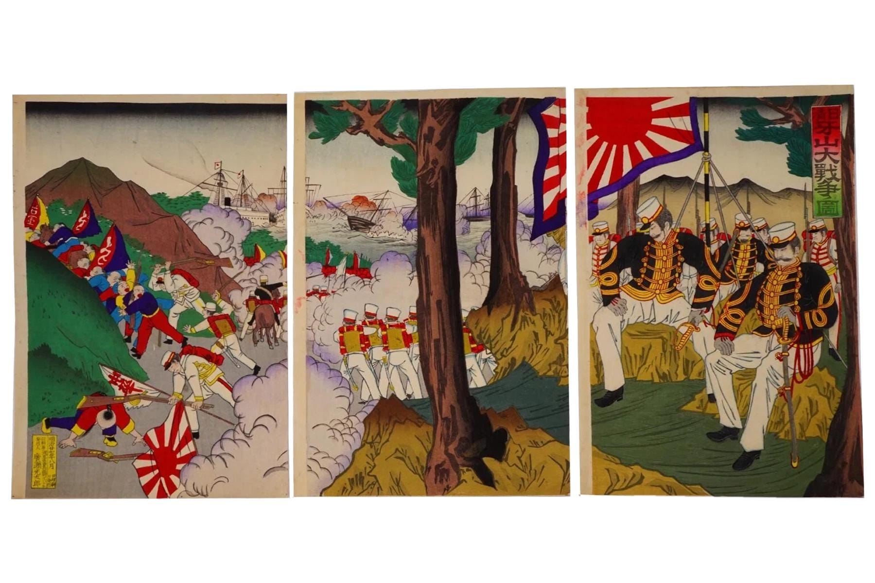 Ukiyoe Art, Original 1894 Japanese Meiji Era Sensoe Military Woodblock Triptych, Asian Oriental Art, The First Sino And Japanese War