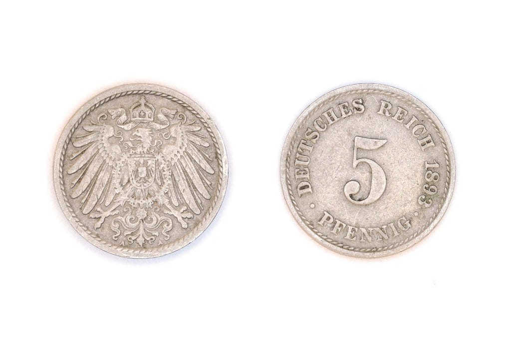 1893 Coinage Of A 5 Pfennigs Coin Under Kaiser Wilhelm II, Berlin Type 2 With Small Shield, Copper Nickel Medal Alignment, Currency Mark