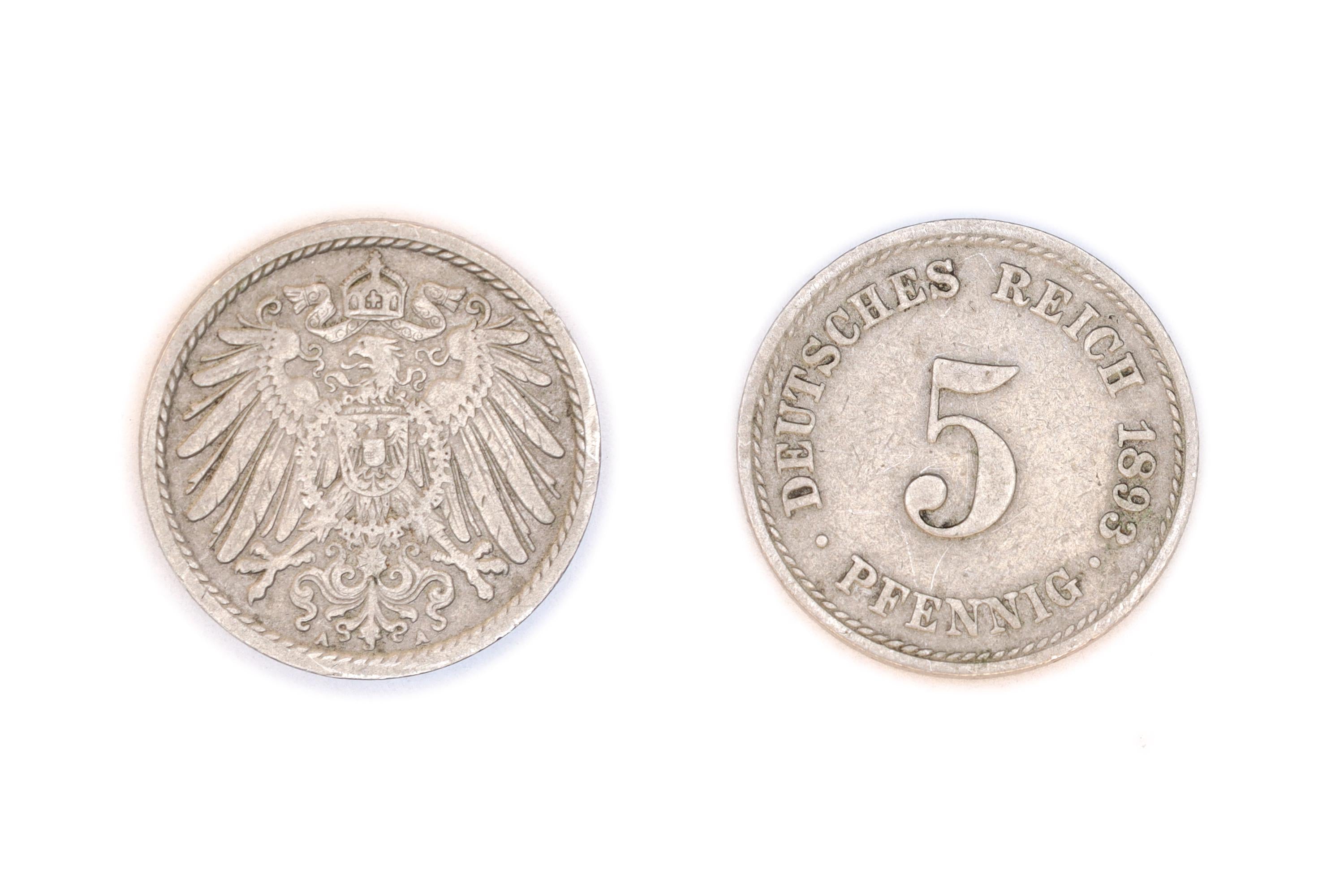 1893 Coinage Of A 5 Pfennigs Coin Under Kaiser Wilhelm II, Berlin Type 2 With Small Shield, Copper Nickel Medal Alignment, Currency Mark
