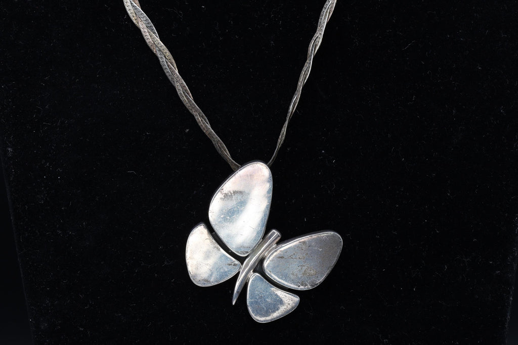 Butterfly Pendant Necklace, Braided Herringbone Chain, Modernist Butterfly Pendant, 925 Sterling Silver, Vintage 1990s Fashion Accessories