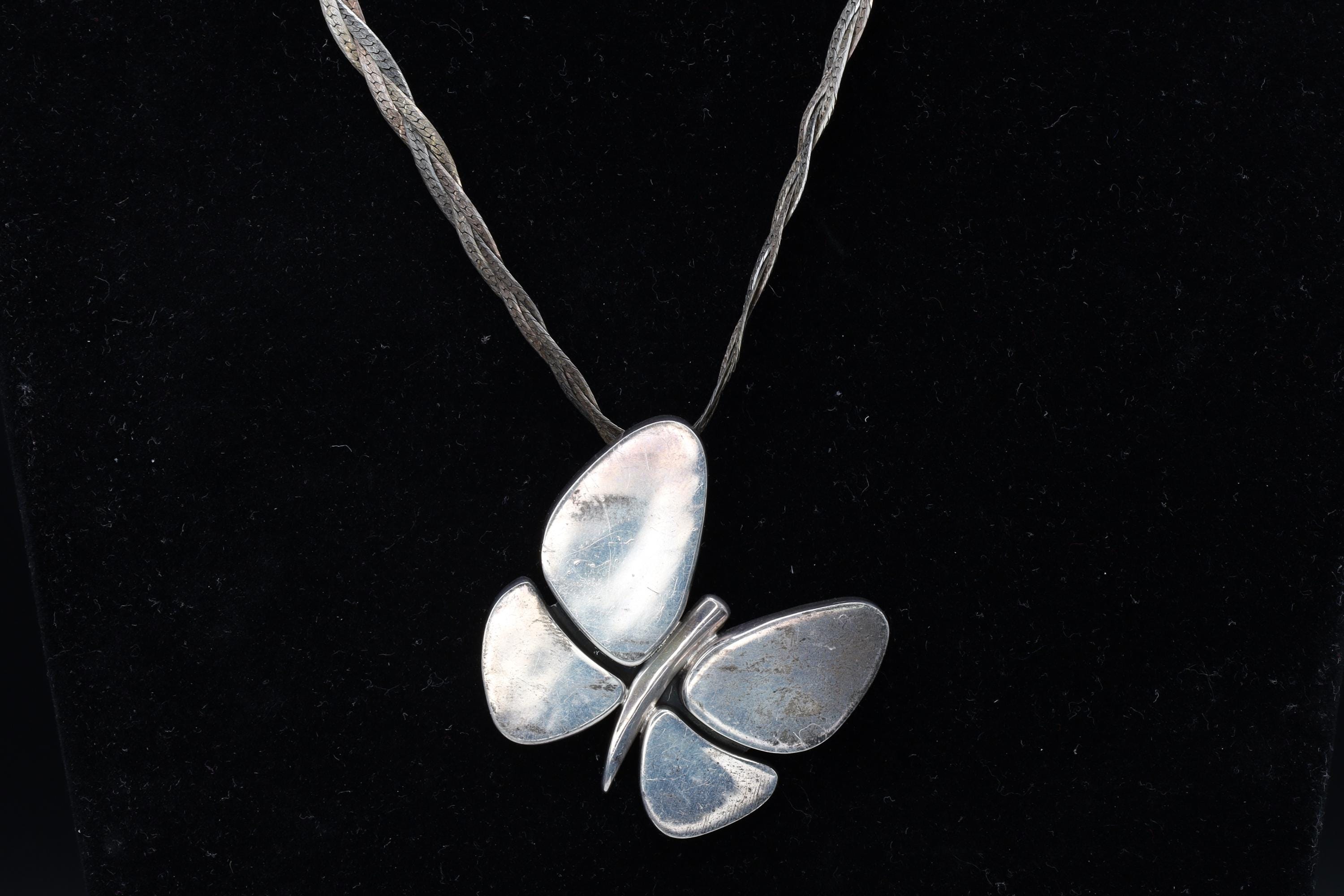 Butterfly Pendant Necklace, Braided Herringbone Chain, Modernist Butterfly Pendant, 925 Sterling Silver, Vintage 1990s Fashion Accessories