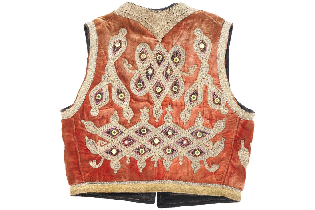 Traditional Central Asia Yelek Vest For Child, Scarlet Velvet, Silk And Embroidery, Around 1940s Ethnic Textiles USSR