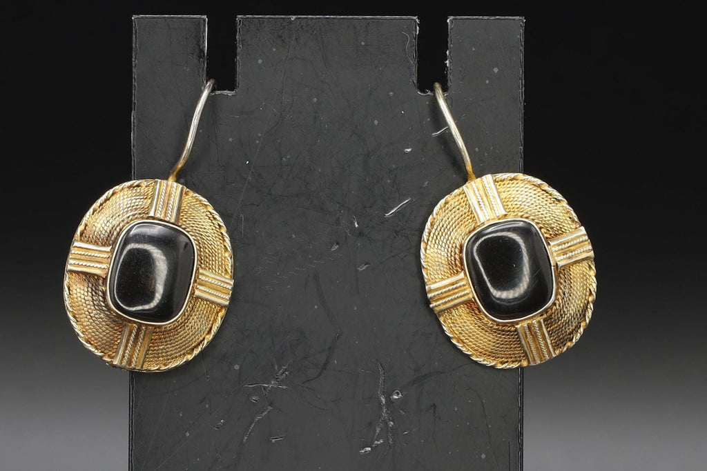 Art Deco Wire Drop Earrings, Gold Gilt Silver And Black Onyx Earrings, Vermeil Over Sterling, Jewelry In The Victorian Era Style Fashion