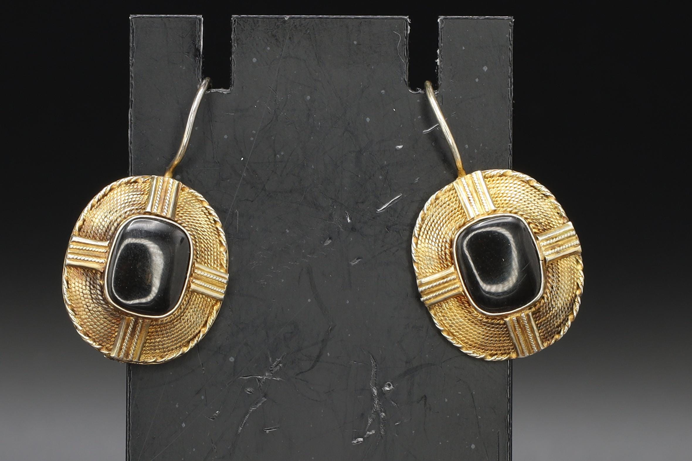 Art Deco Wire Drop Earrings, Gold Gilt Silver And Black Onyx Earrings, Vermeil Over Sterling, Jewelry In The Victorian Era Style Fashion