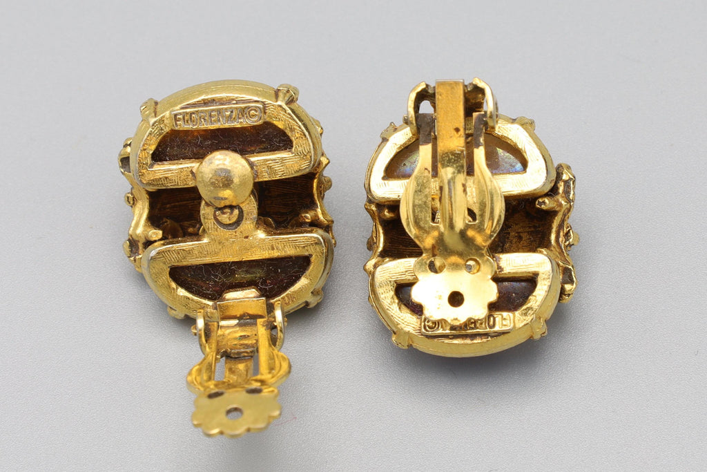 Vintage 1970s Florenza Jewelry, Rare Model, Clip On Earrings With Iridiscente Glass And Clear Rhinestone Accents On Gold Tone Base