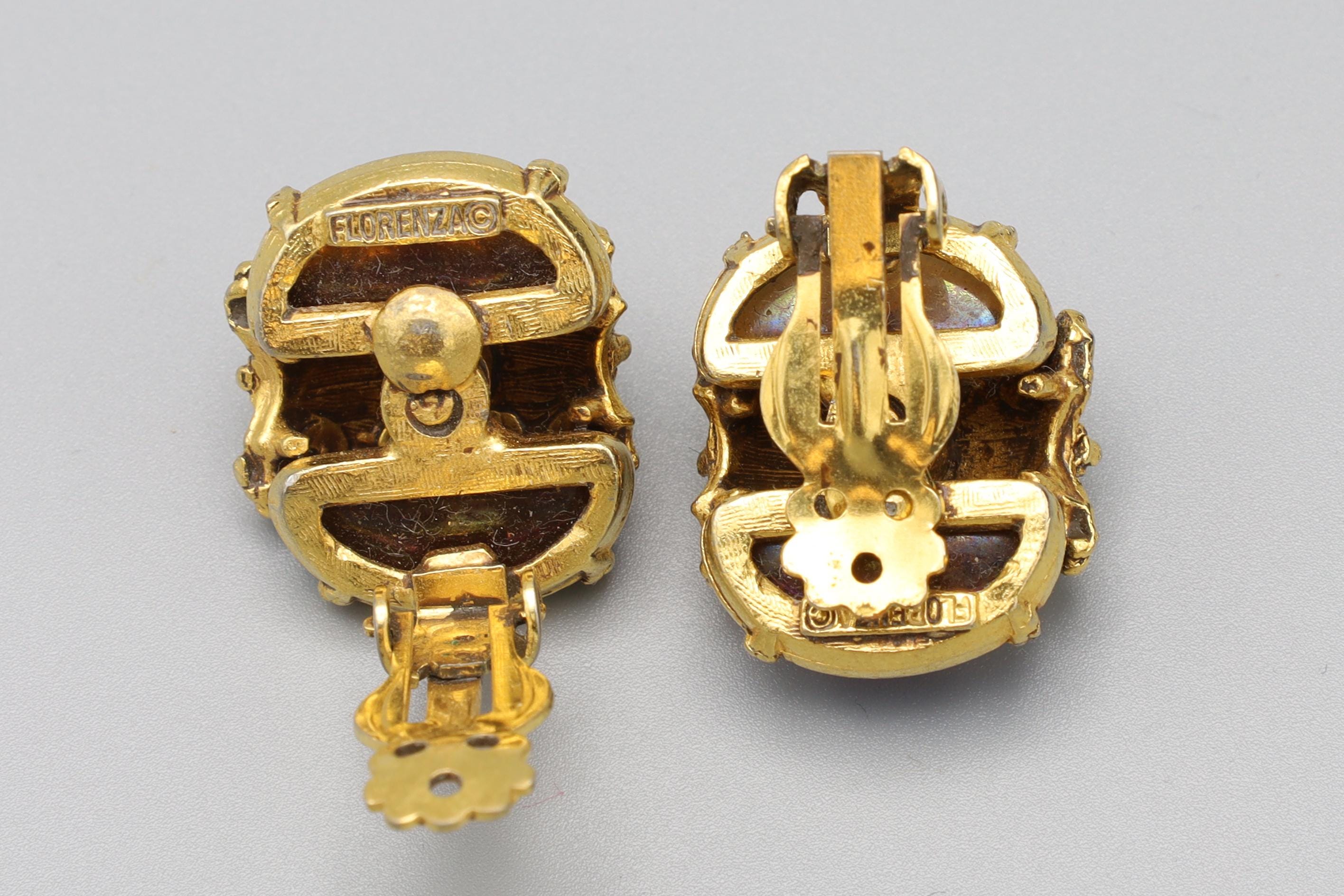 Vintage 1970s Florenza Jewelry, Rare Model, Clip On Earrings With Iridiscente Glass And Clear Rhinestone Accents On Gold Tone Base