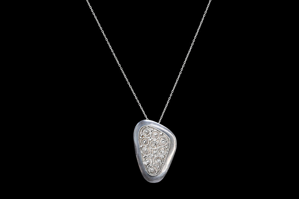 Vintage 1950s Israel Jewelry, 925 Sterling Silver Pendant Necklace, Cannetille Wirework, Middle East Judaica Fashion Accessories