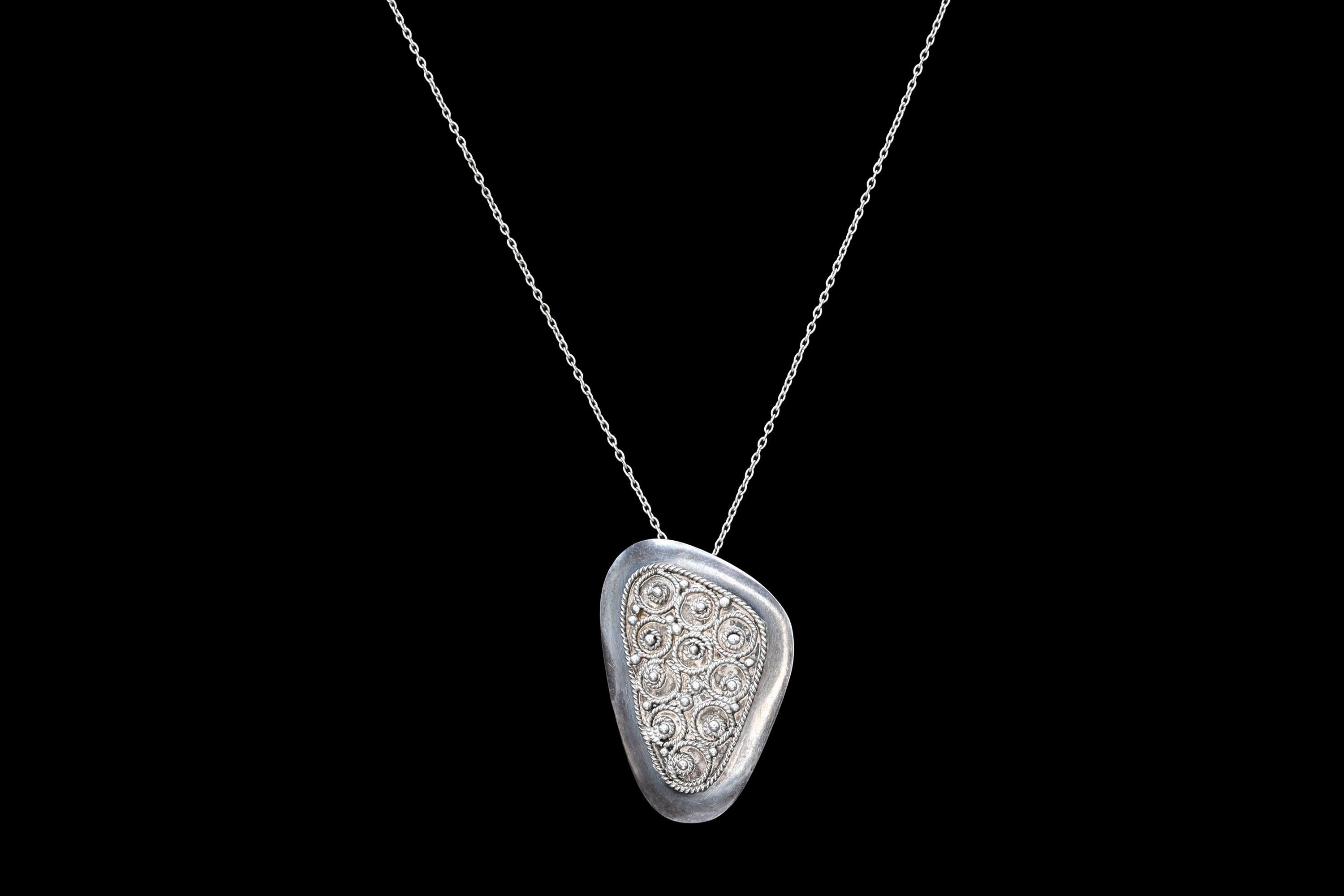 Vintage 1950s Israel Jewelry, 925 Sterling Silver Pendant Necklace, Cannetille Wirework, Middle East Judaica Fashion Accessories