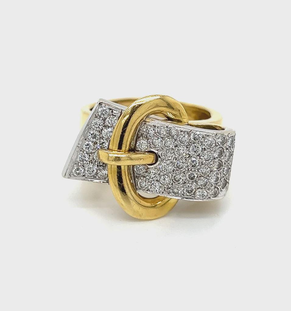 Belt Buckle Statement Ring For Woman, 18 Karat Yellow Gold Ring Size 10, With 3ctw Clear White Diamonds, Weight 15 Grams