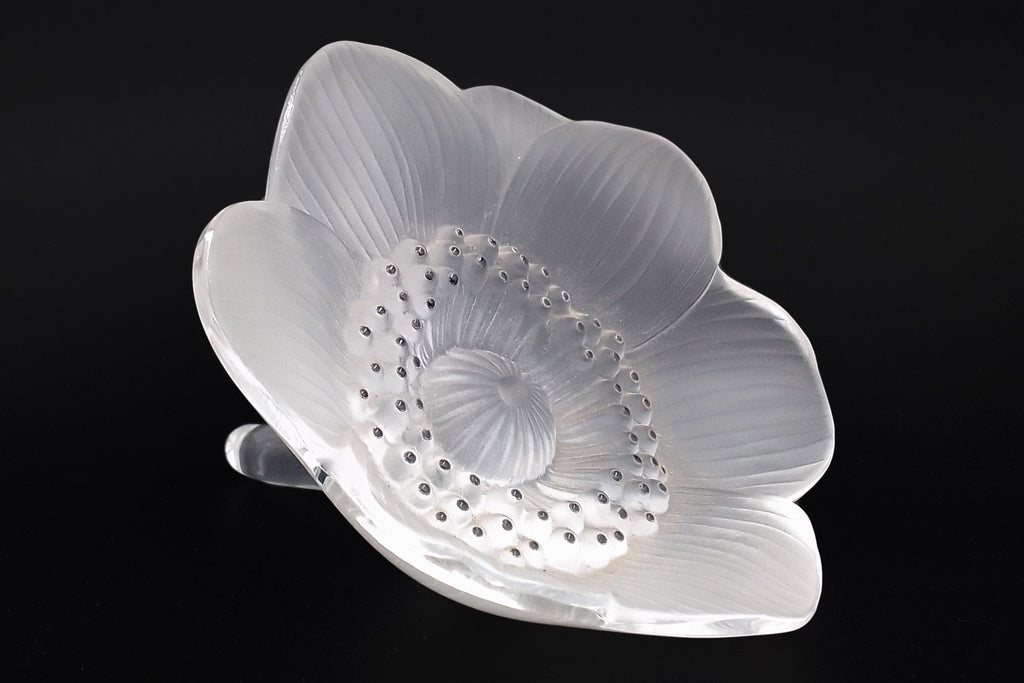 Lalique France Anemone Flower Figurine, A Large Figural Paperweight Or Desk Accent, Frosted Glass With Black Accents, Art Deco Style
