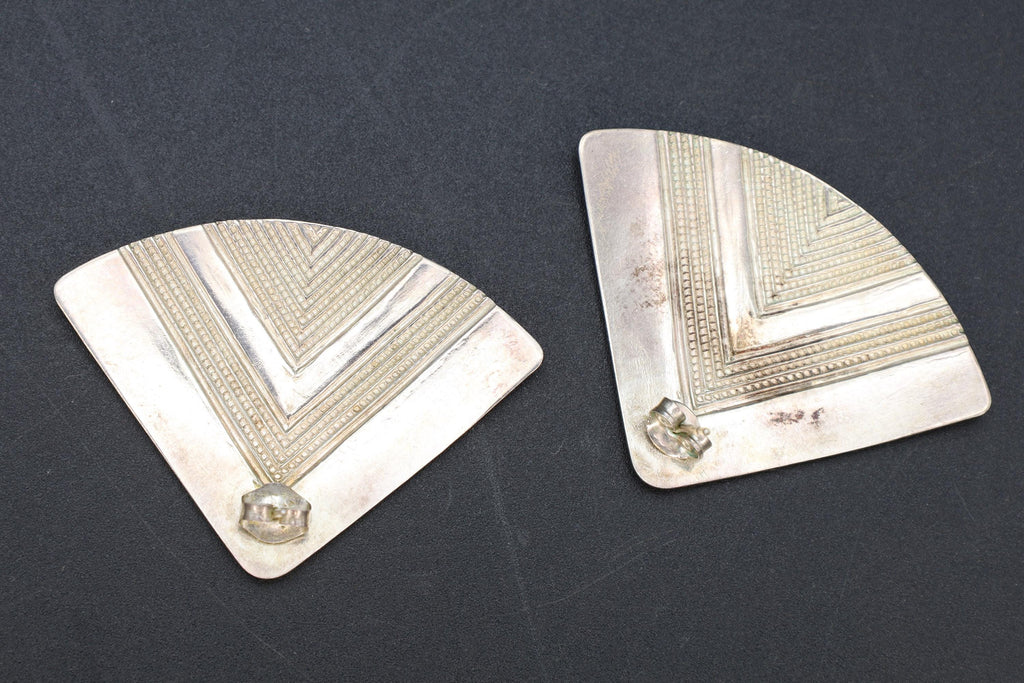 Large Modernist Stud Earrings With A Triangle Geometric Shape And Tribal Design, 925 Sterling Silver, Handmade Artisan Jewelry Art