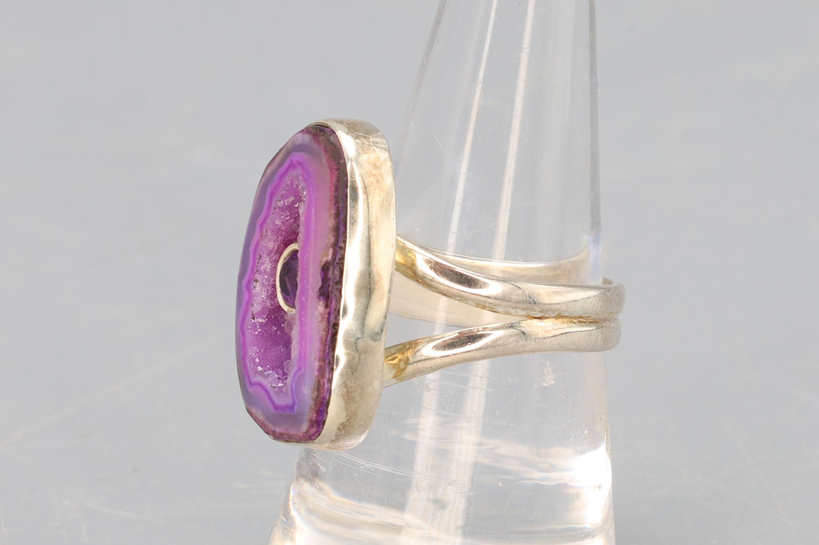 Ring For Woman Size 8.75, Sterling Silver With Lavender Drusy Quartz And A Faceted Amethyst, Avant Garde Modern Jewelry