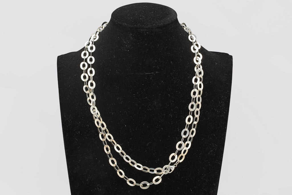 Vintage 1990s Sterling Silver Flat Rolo Chain Necklace, Fashion Jewelry Accessories, Oblongue Link, Extra Long XL Chain Necklace