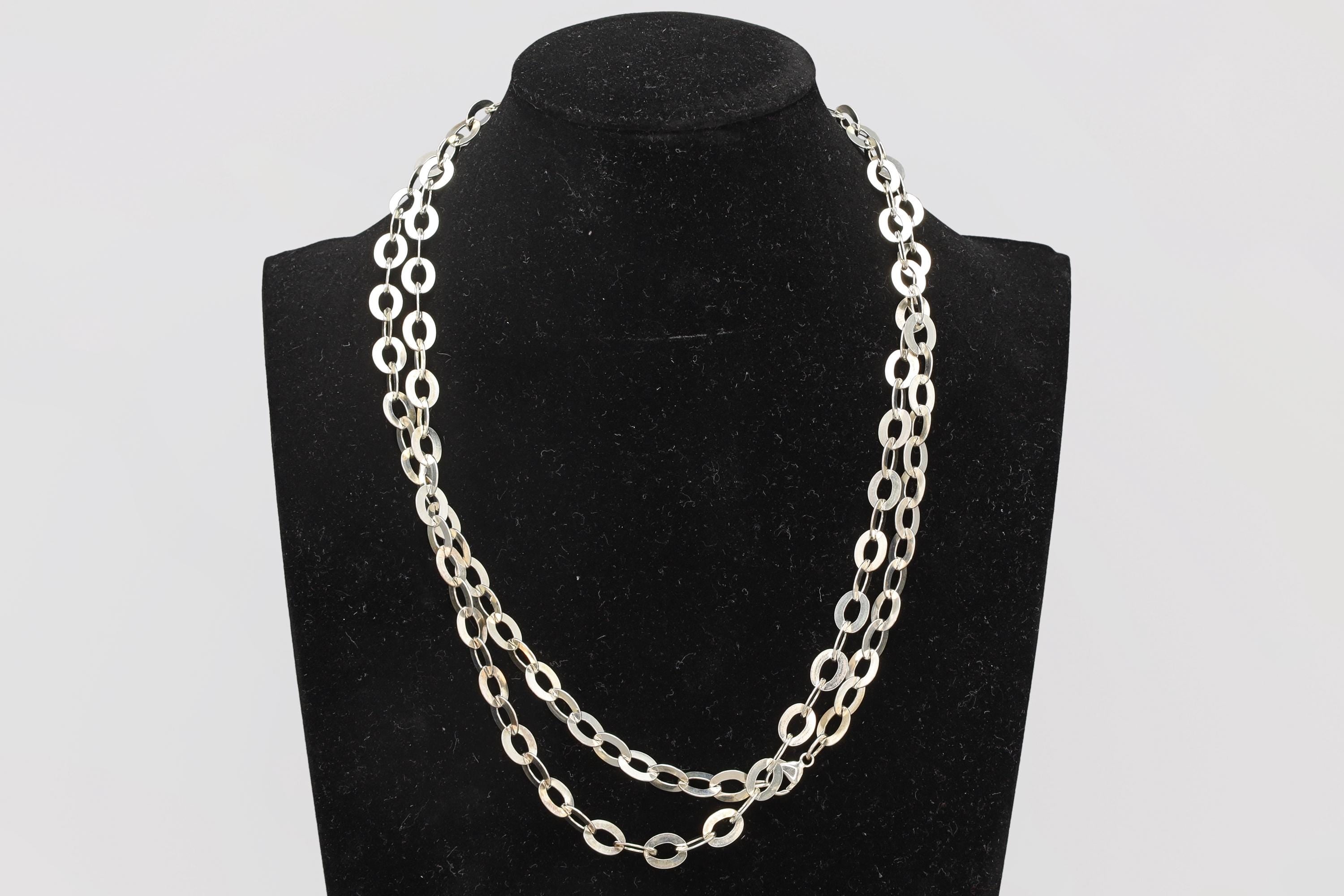 Vintage 1990s Sterling Silver Flat Rolo Chain Necklace, Fashion Jewelry Accessories, Oblongue Link, Extra Long XL Chain Necklace
