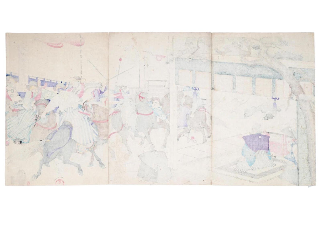 Ukiyoe Art, Original 1897 Japanese Meiji Era Woodblock Triptych By Chikanobu Yoshu, The Outer Palace of Chiyoda, Asian Oriental Art