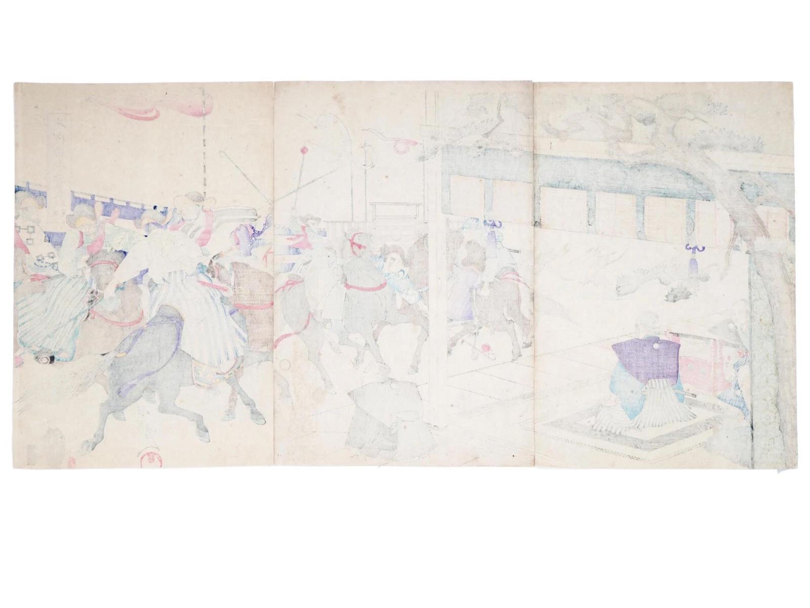 Ukiyoe Art, Original 1897 Japanese Meiji Era Woodblock Triptych By Chikanobu Yoshu, The Outer Palace of Chiyoda, Asian Oriental Art