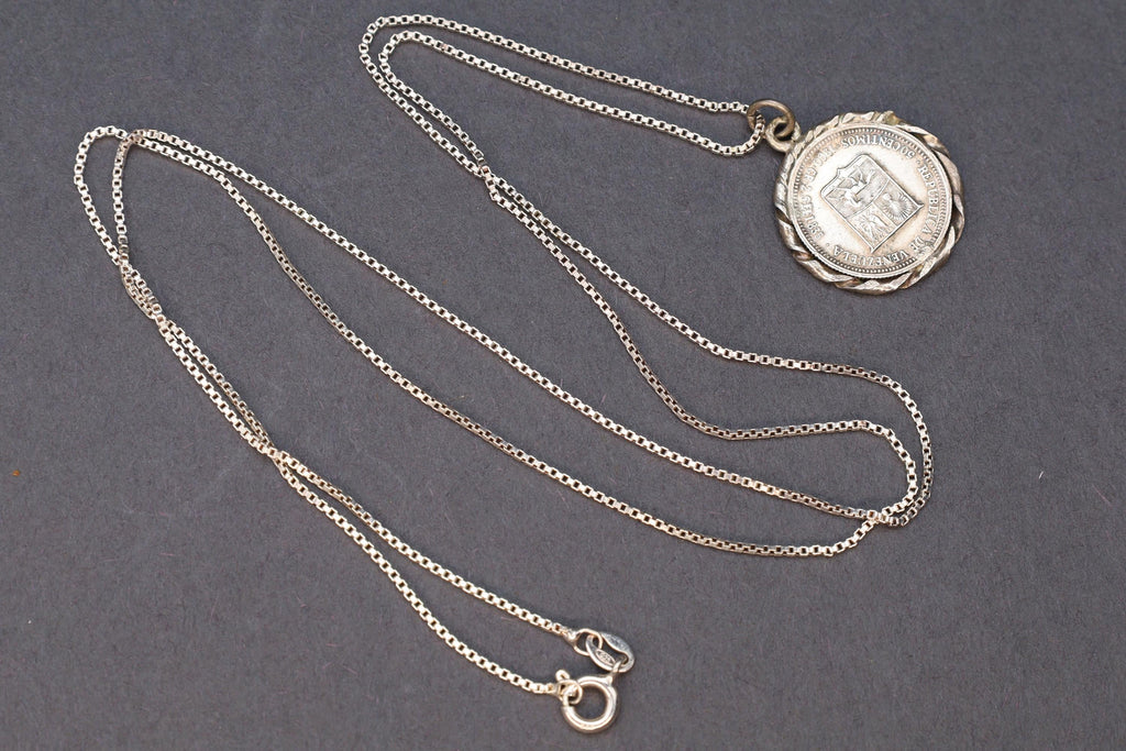 Bolivar Libertador, Venezuela Silver Coin Pendant Necklace, 50 Cents Venezuelan Coin, 835 Silver Grade On 925 Sterling Chain And Settings