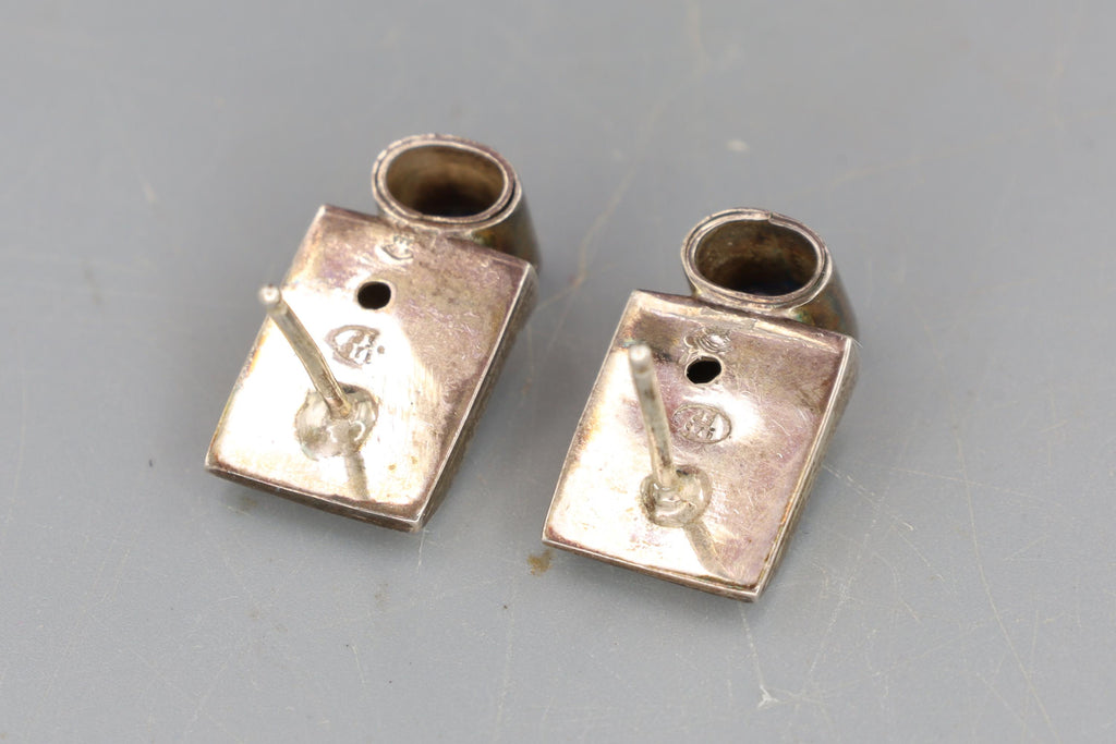 Vintage Stud Earrings, 925 Sterling Silver And Faceted Amethyst Cabochons, Fashion Jewelry