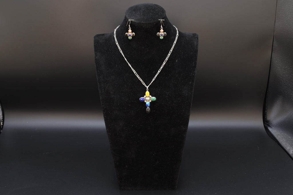 Multi Color Gemstones Jewelry Set, Modernist Cross Pendant Necklace And Dangle Earrings, Sterling Silver, Southwestern Fashion Accessories