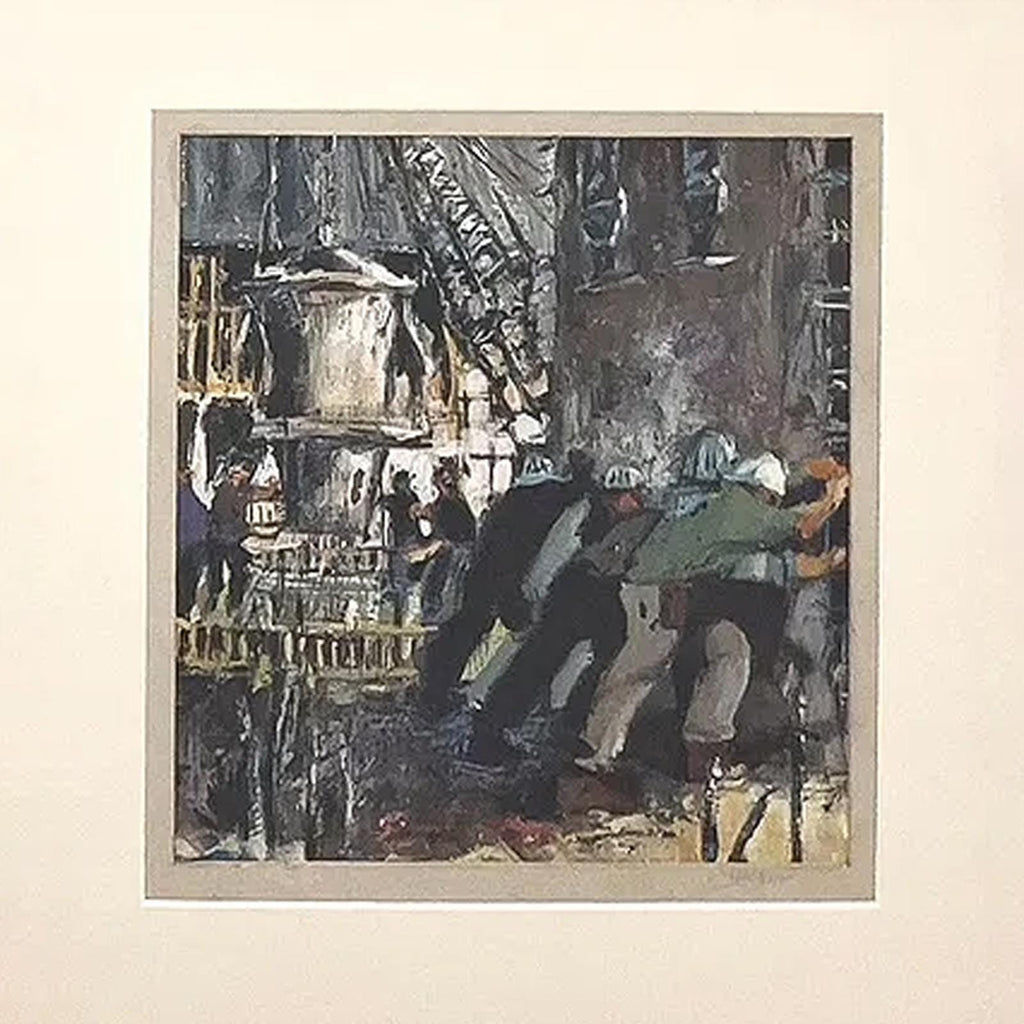 Construction Workers, Small Format Oil Painting Attributed To James Kelly, Retro Mid Century Americana Art And Decor, Expressionist Artworks