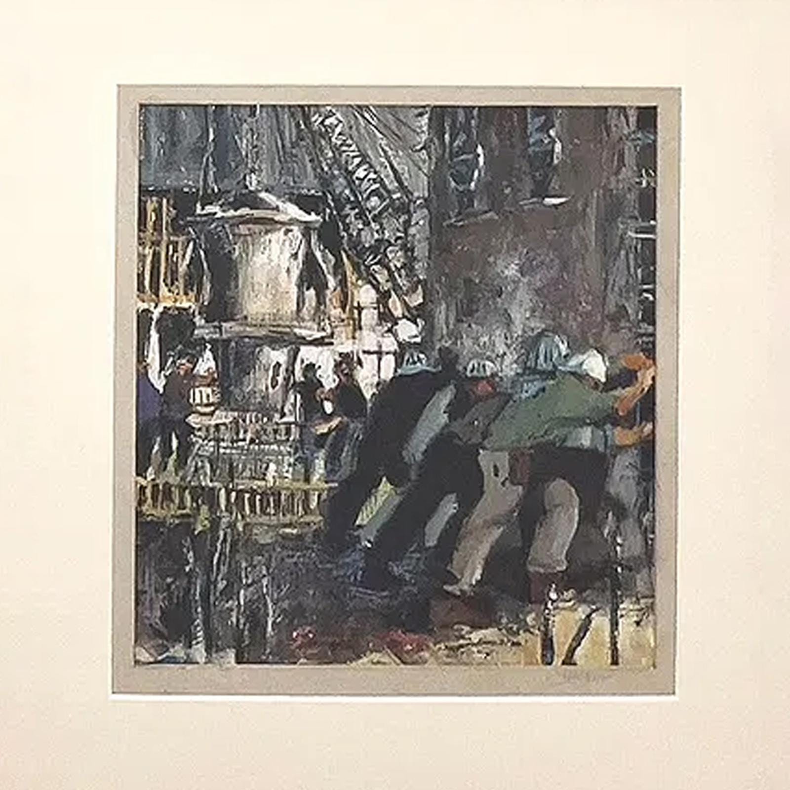 Construction Workers, Small Format Oil Painting Attributed To James Kelly, Retro Mid Century Americana Art And Decor, Expressionist Artworks