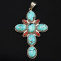 Native American Large Cross Pendant By DEAN BROWN, Signed Sterling Silver With Natural Blue Turquoise And Red Coral