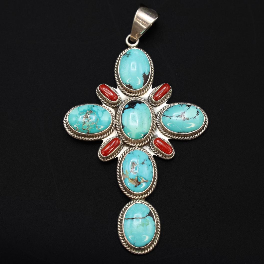 Native American Large Cross Pendant By DEAN BROWN, Signed Sterling Silver With Natural Blue Turquoise And Red Coral