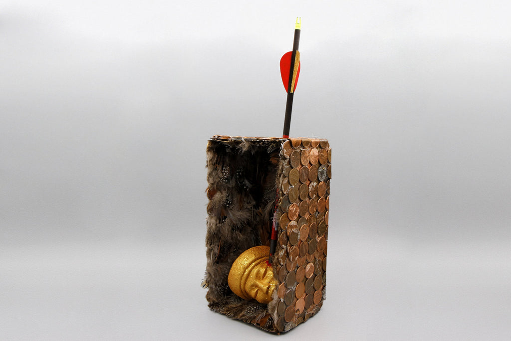 Saint Sebastian Martyr, Mixed Media Assemblage Sculpture, Rustic Surreal Diorama Box, American Penny Coins Box Diorama Theatre Art Sculpture
