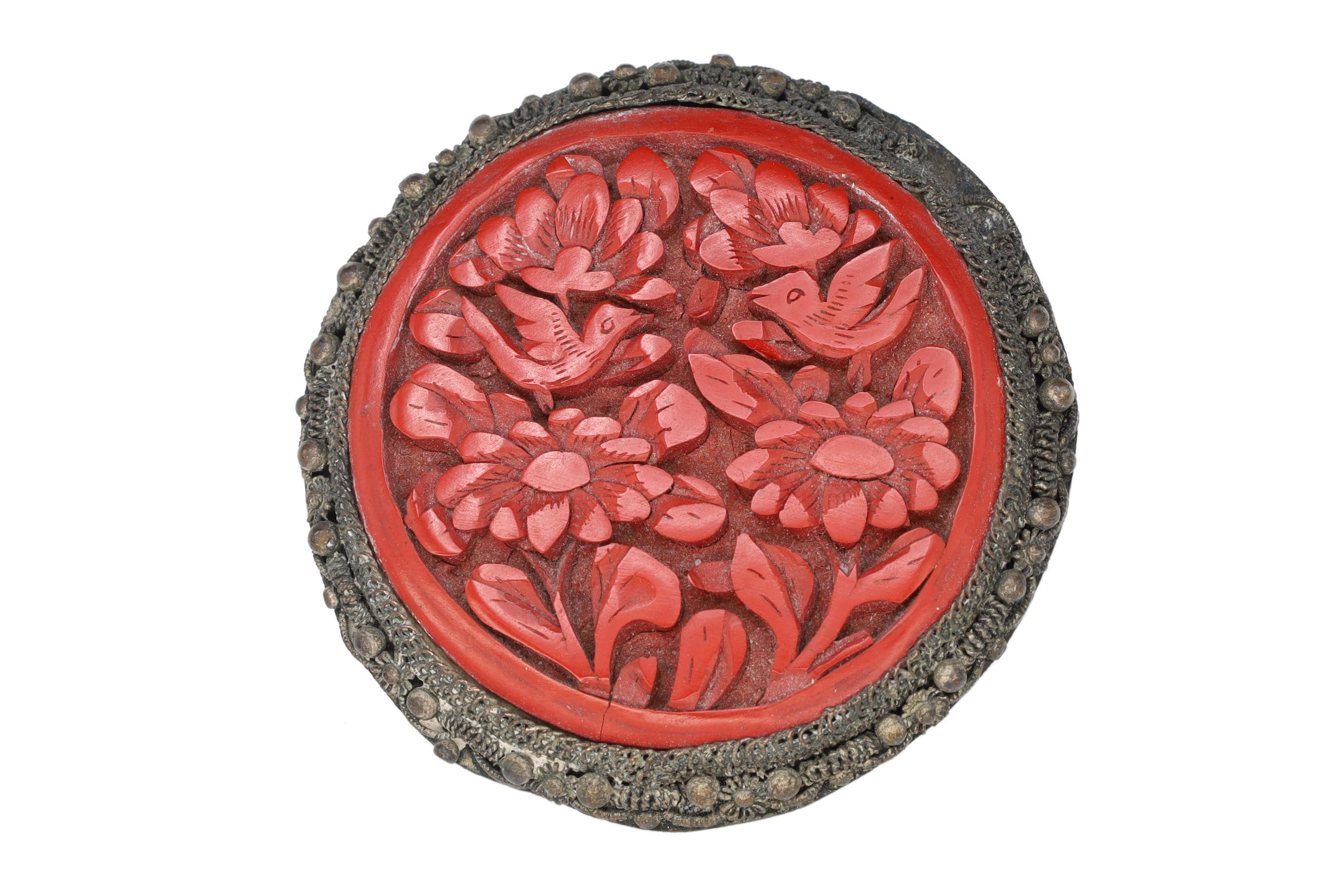 Antique 1920s Art Deco Brooch, A Carved Red Cinnabar And Silver Plated Brass, Chinese Republic Era Jewelry, Floral Design In A Round Pin