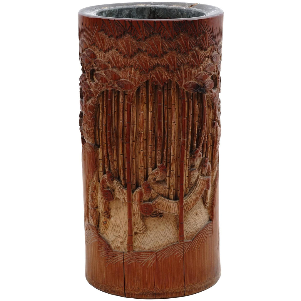 Antique 19th Century Brush Pot, A Vase Crafted From Bamboo Wood And Metal Insert, Chinese Qing Dynasty, Asian Oriental Decoration And Art