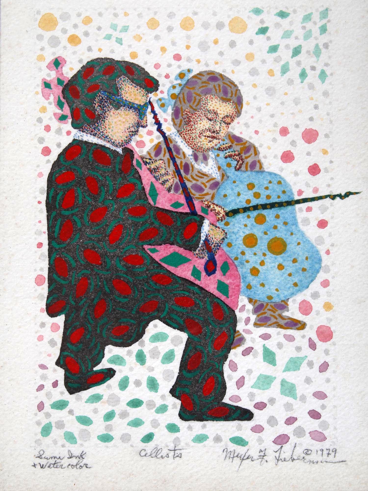 Meyer Frank Lieberman Mixed Media Ink And Watercolor Drawing Painting On Paper, Cellists Musicians, 1979 And Signed Contemporary Judaica Art