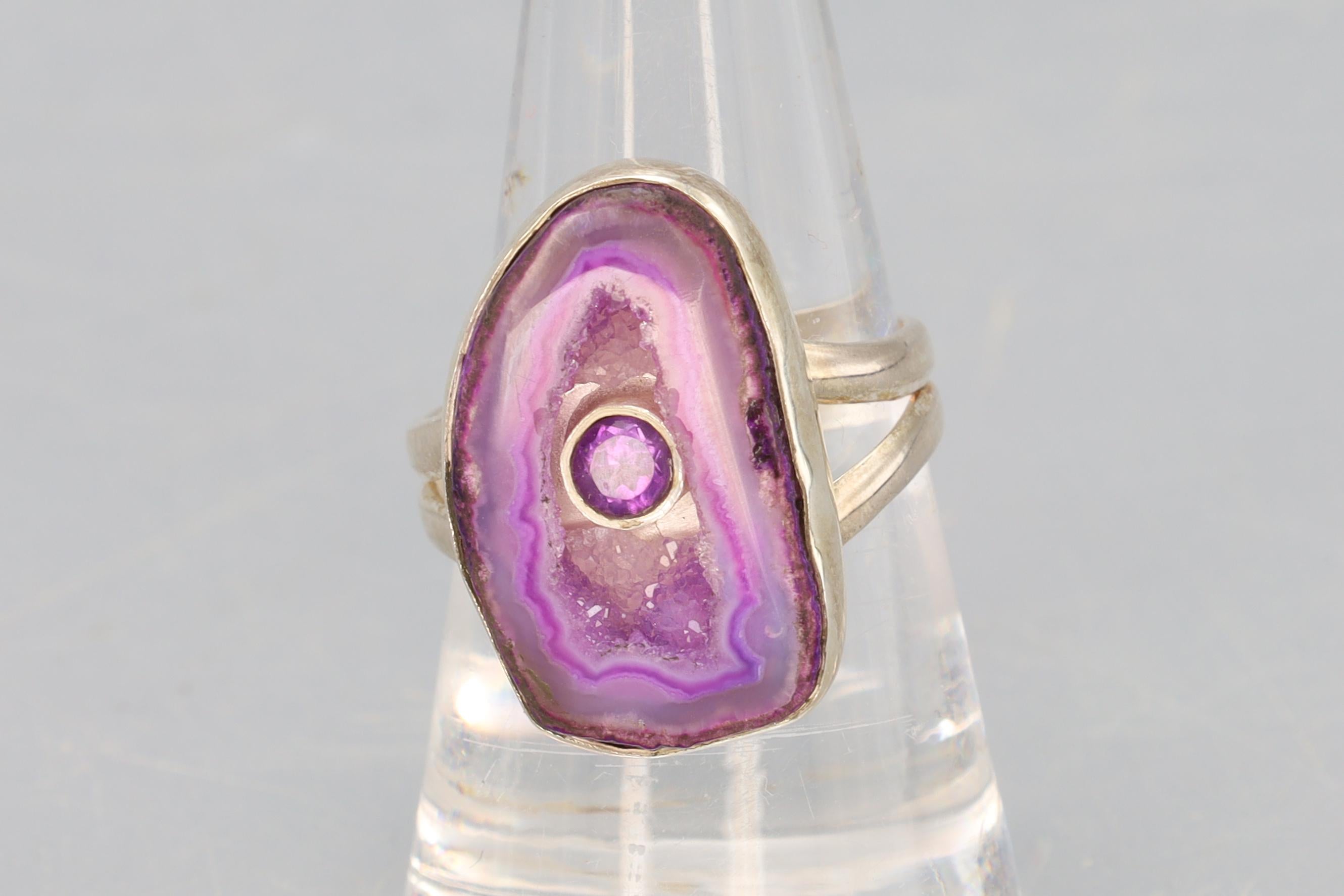 Ring For Woman Size 8.75, Sterling Silver With Lavender Drusy Quartz And A Faceted Amethyst, Avant Garde Modern Jewelry