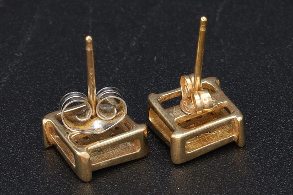 White Diamonds Grid, Small Baby Stud Earrings, Made Out With 10 Karats Yellow Gold And 32 Gemstones, Womens And Children Gold Jewelry
