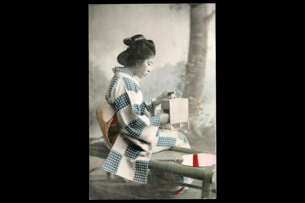 Uncirculated Postcard From Japan, Early 20th Century Hand Colored Postal Memorabilia, The Musical Cricket Box, Late Meiji
