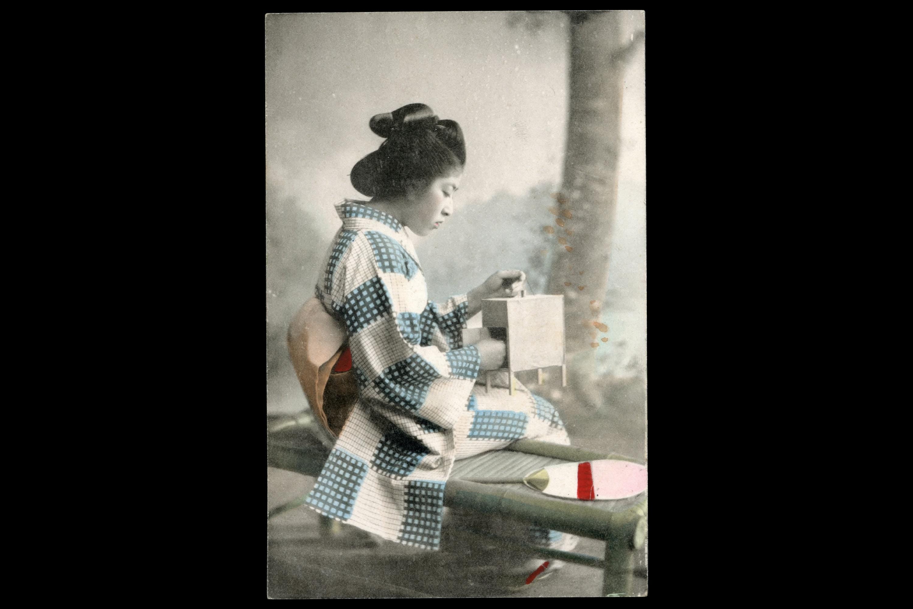 Uncirculated Postcard From Japan, Early 20th Century Hand Colored Postal Memorabilia, The Musical Cricket Box, Late Meiji