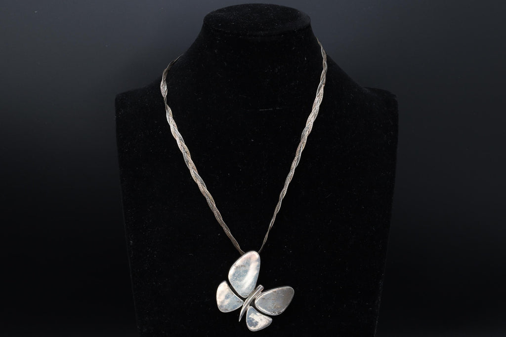 Butterfly Pendant Necklace, Braided Herringbone Chain, Modernist Butterfly Pendant, 925 Sterling Silver, Vintage 1990s Fashion Accessories