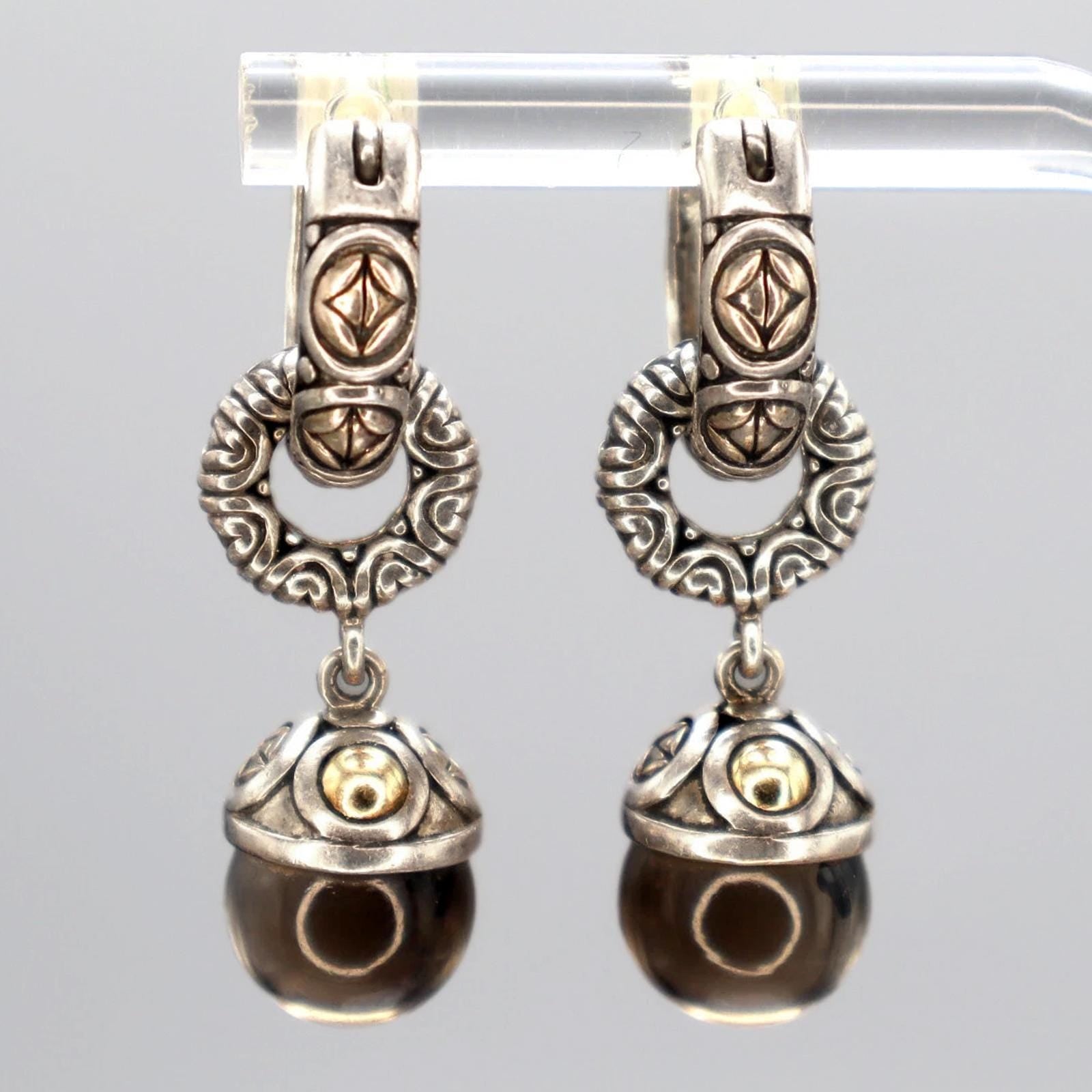 Vintage Jewelry, A 925 Sterling And 14 karats Yellow Gold Earrings, Round Smoky Quartz Ball Accent, Dangle Hook Earrings