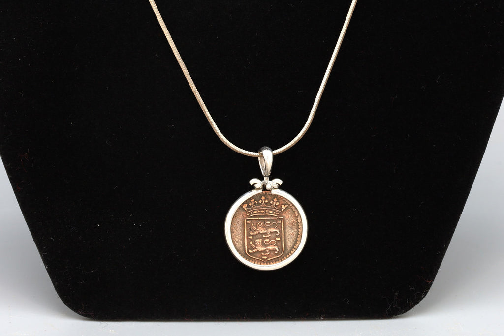 Sterling Silver Pendant With A Dutch East India Company Copper Coin VOC 1745, Coin Jewelry Art, Unisex Fashion, 18th Century Coins